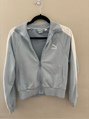 Puma Women Light Blue Zip-Up Track Jacket with White Stripes Size S